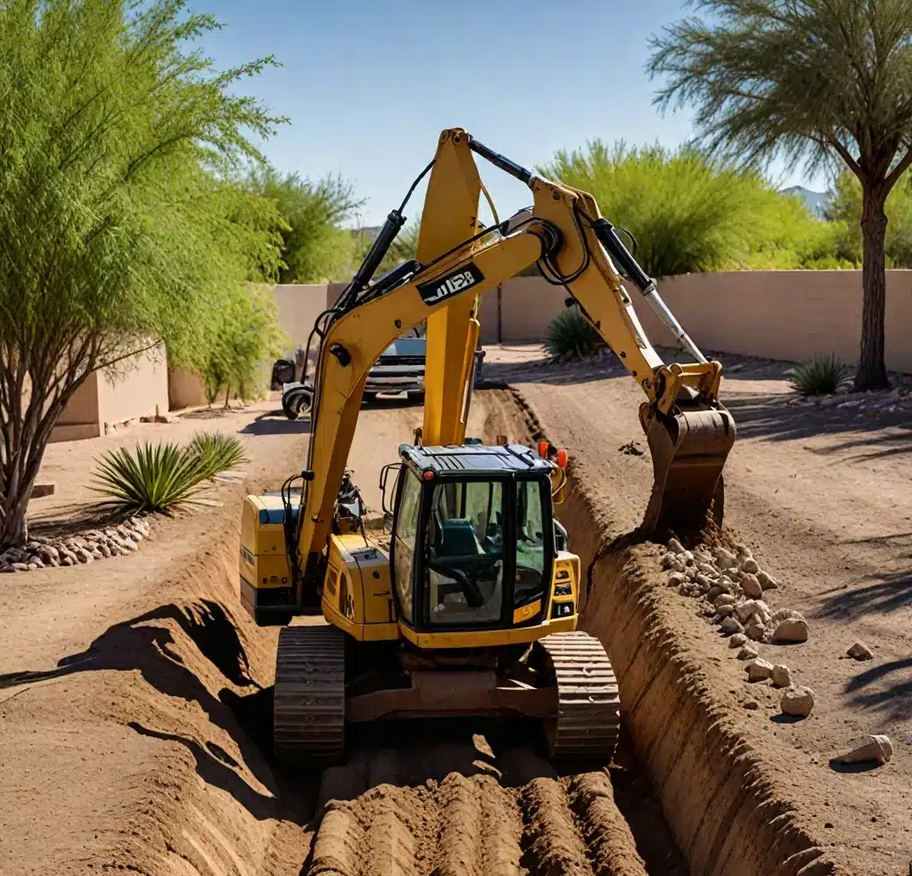 A construction excavator removing soil from a residential backyard to make way for pipes.